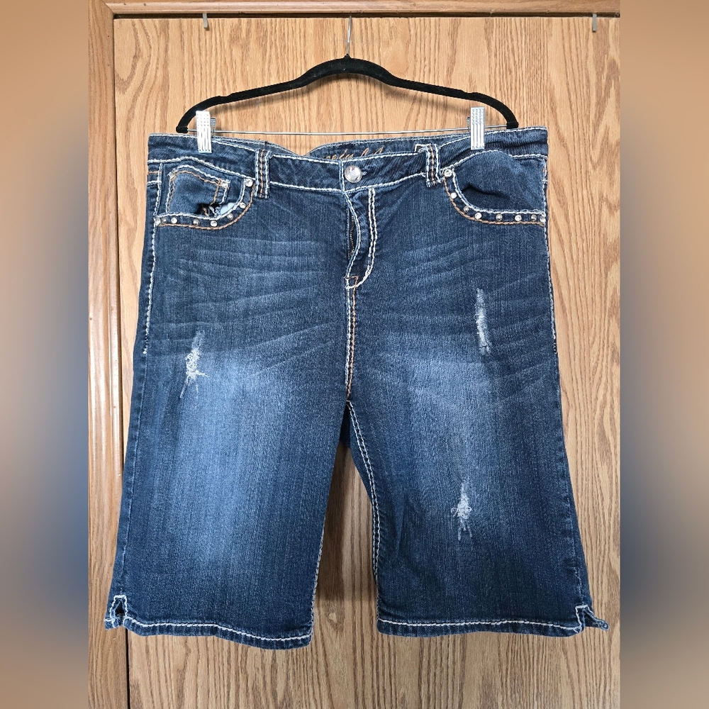 Grace In LA rhinestone And Stud Distressed Bermuda Blue Denim Shorts